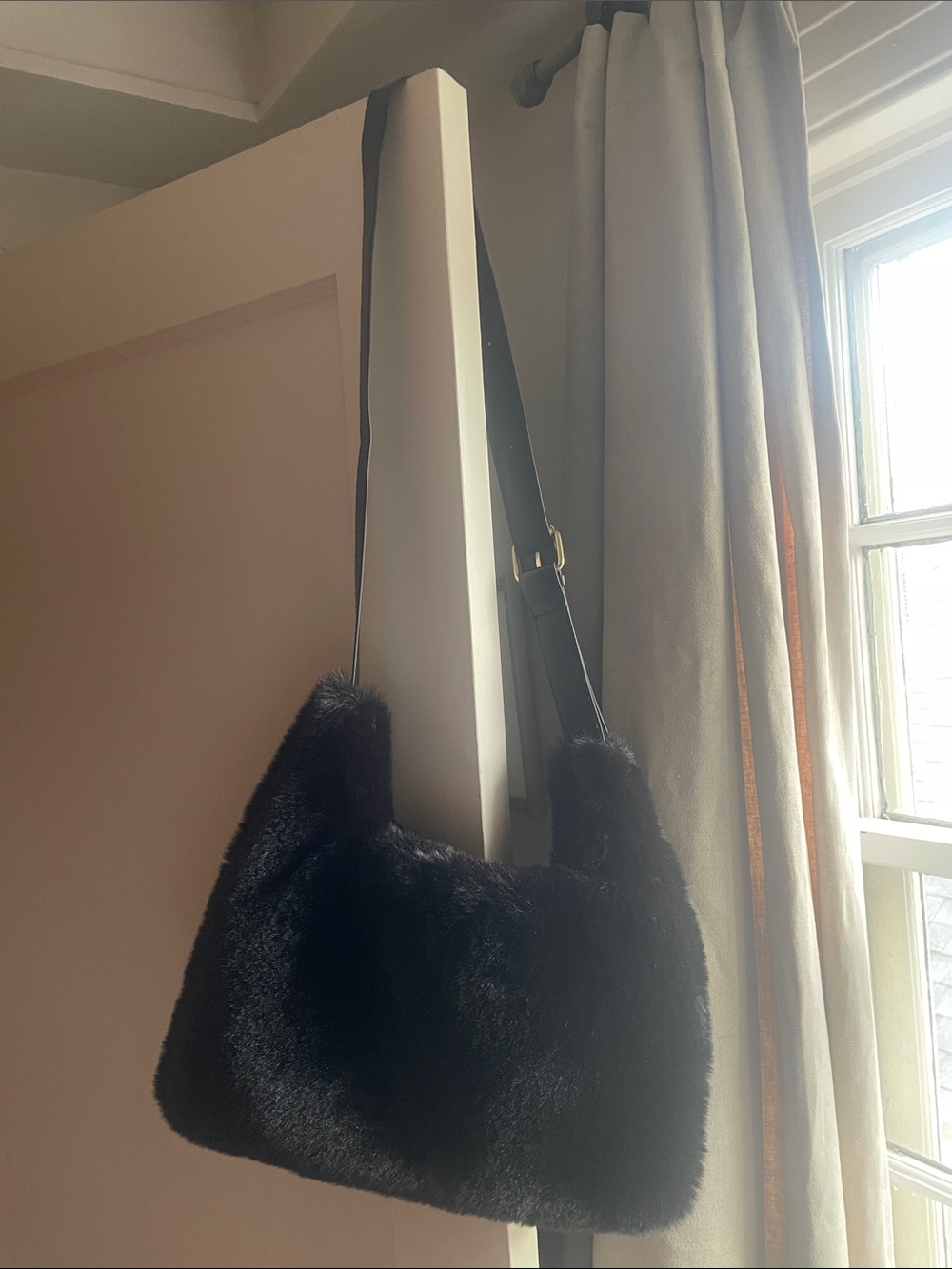 Plush Black Faux Fur Crossbody Bag with Adjustable Strap